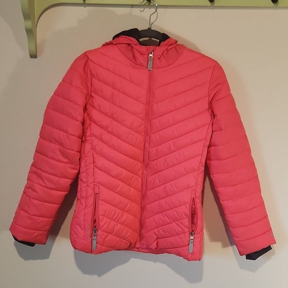 Champion Pink Girls Puffer Jacket Coat Quilted Hood Lrg Fleece Headphone Slot - Picture 1 of 15
